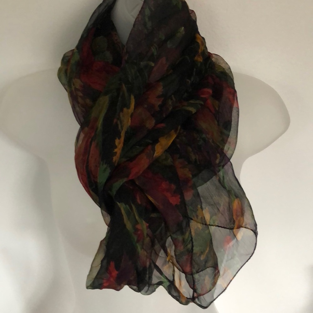 Vtg Midnight Floral Delicate Rectangular Scarf - image 3